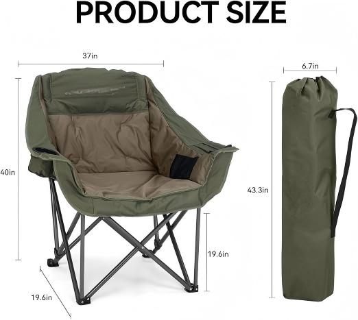 meetjoys Oversized Camping Chair Heavy Duty, 450LBS Padded Folding Lawn Chair with Side Cooler Bag & Cup Holder, Extra Wide Ergonomic Quad Chair for Outdoor, Camping, Fishing, RV Travelling