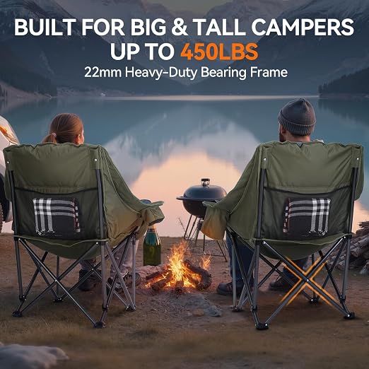 meetjoys Oversized Camping Chair Heavy Duty, 450LBS Padded Folding Lawn Chair with Side Cooler Bag & Cup Holder, Extra Wide Ergonomic Quad Chair for Outdoor, Camping, Fishing, RV Travelling
