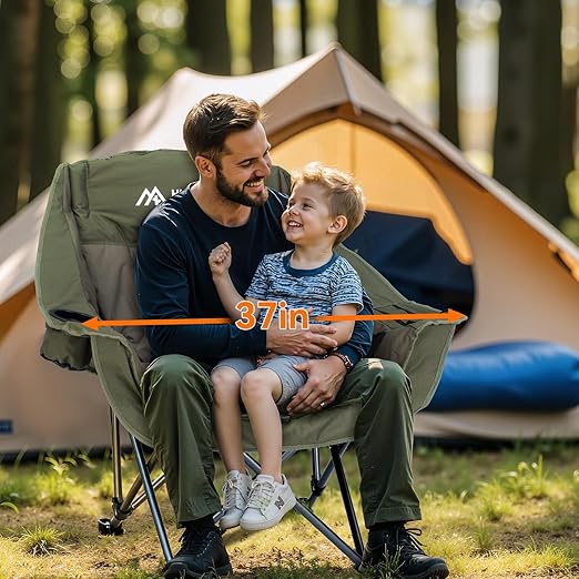 meetjoys Oversized Camping Chair Heavy Duty, 450LBS Padded Folding Lawn Chair with Side Cooler Bag & Cup Holder, Extra Wide Ergonomic Quad Chair for Outdoor, Camping, Fishing, RV Travelling