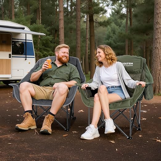 meetjoys Oversized Camping Chair Heavy Duty, 450LBS Padded Folding Lawn Chair with Side Cooler Bag & Cup Holder, Extra Wide Ergonomic Quad Chair for Outdoor, Camping, Fishing, RV Travelling