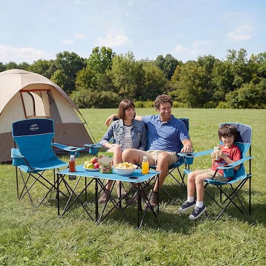 meetjoys 4-Piece Folding Camping Table and Chairs Set, Heavy Duty 4-Person Outdoor Mesh Table with 1 Double Loveseat Chair and 2 Single Lawn Chairs for Family Camping, Picnic, Backyard, BBQ