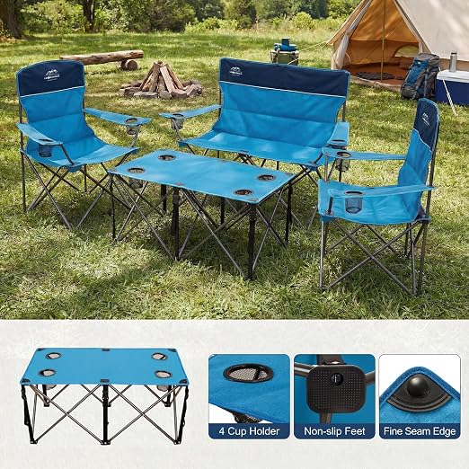 meetjoys 4-Piece Folding Camping Table and Chairs Set, Heavy Duty 4-Person Outdoor Mesh Table with 1 Double Loveseat Chair and 2 Single Lawn Chairs for Family Camping, Picnic, Backyard, BBQ