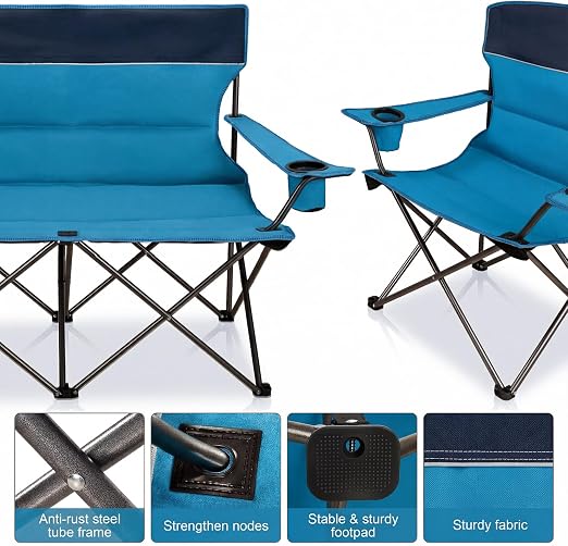 meetjoys 4-Piece Folding Camping Table and Chairs Set, Heavy Duty 4-Person Outdoor Mesh Table with 1 Double Loveseat Chair and 2 Single Lawn Chairs for Family Camping, Picnic, Backyard, BBQ