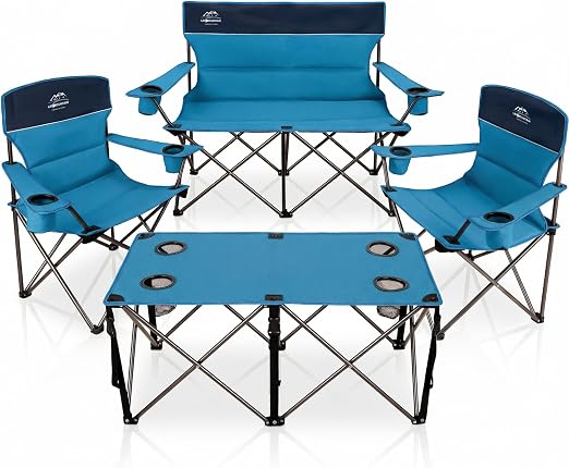 meetjoys 4-Piece Folding Camping Table and Chairs Set, Heavy Duty 4-Person Outdoor Mesh Table with 1 Double Loveseat Chair and 2 Single Lawn Chairs for Family Camping, Picnic, Backyard, BBQ