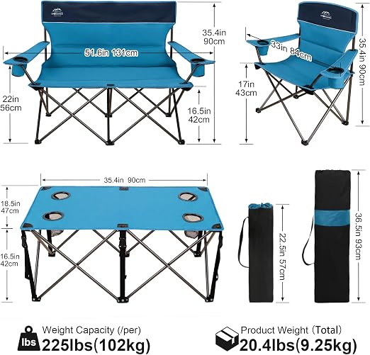 meetjoys 4-Piece Folding Camping Table and Chairs Set, Heavy Duty 4-Person Outdoor Mesh Table with 1 Double Loveseat Chair and 2 Single Lawn Chairs for Family Camping, Picnic, Backyard, BBQ