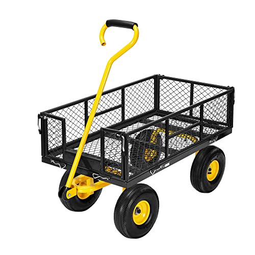 meetjoys Heavy Duty Steel Garden Cart, 880 lbs Capacity Utility Mesh Dump Wagon with 10-Inch Pneumatic Wheels, Removable Side Panels and 180° Steering Handle for Yard, Farm, Landscaping