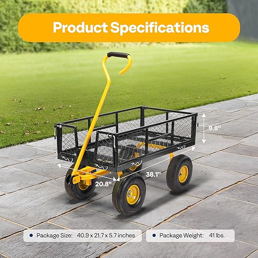 meetjoys Heavy Duty Steel Garden Cart, 880 lbs Capacity Utility Mesh Dump Wagon with 10-Inch Pneumatic Wheels, Removable Side Panels and 180° Steering Handle for Yard, Farm, Landscaping