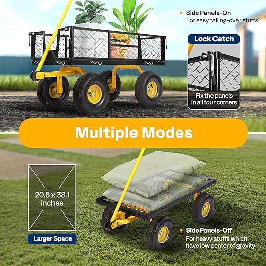 meetjoys Heavy Duty Steel Garden Cart, 880 lbs Capacity Utility Mesh Dump Wagon with 10-Inch Pneumatic Wheels, Removable Side Panels and 180° Steering Handle for Yard, Farm, Landscaping