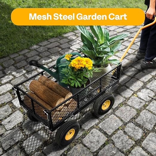 meetjoys Heavy Duty Steel Garden Cart, 880 lbs Capacity Utility Mesh Dump Wagon with 10-Inch Pneumatic Wheels, Removable Side Panels and 180° Steering Handle for Yard, Farm, Landscaping