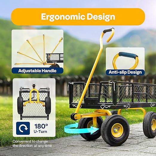 meetjoys Heavy Duty Steel Garden Cart, 880 lbs Capacity Utility Mesh Dump Wagon with 10-Inch Pneumatic Wheels, Removable Side Panels and 180° Steering Handle for Yard, Farm, Landscaping