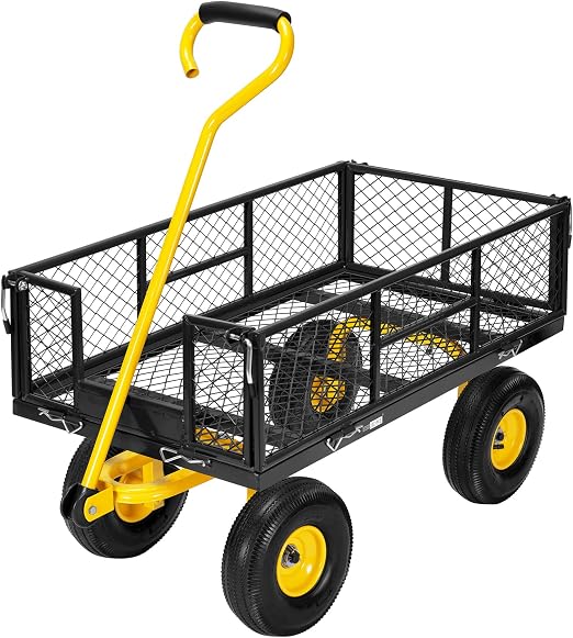 meetjoys Heavy Duty Steel Garden Cart, 880 lbs Capacity Utility Mesh Dump Wagon with 10-Inch Pneumatic Wheels, Removable Side Panels and 180° Steering Handle for Yard, Farm, Landscaping