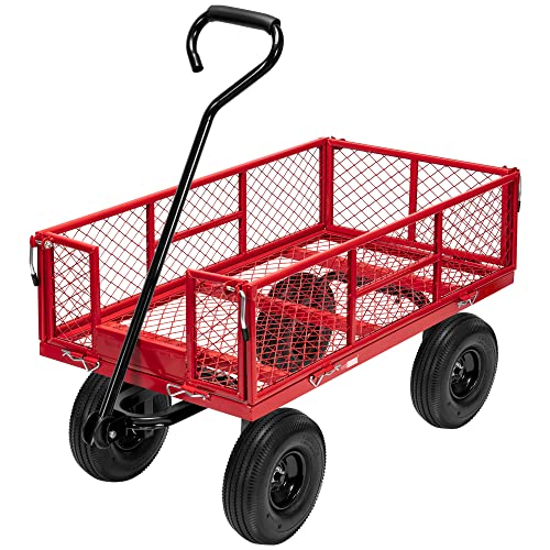 meetjoys Heavy Duty Steel Garden Cart, 880 lbs Capacity Utility Mesh Dump Wagon with 10-Inch Pneumatic Wheels, Removable Side Panels and 180° Steering Handle for Yard, Farm, Landscaping