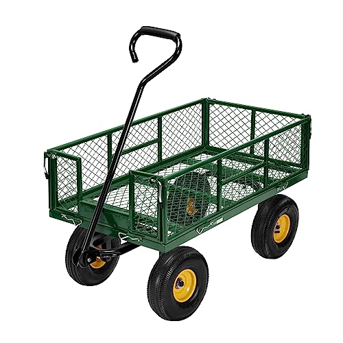 meetjoys Heavy Duty Steel Garden Cart, 880 lbs Capacity Utility Mesh Dump Wagon with 10-Inch Pneumatic Wheels, Removable Side Panels and 180° Steering Handle for Yard, Farm, Landscaping