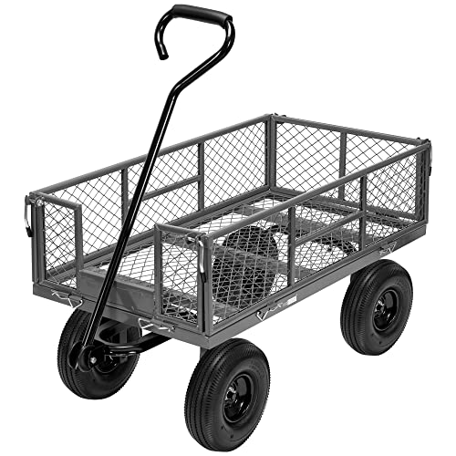 meetjoys Heavy Duty Steel Garden Cart, 880 lbs Capacity Utility Mesh Dump Wagon with 10-Inch Pneumatic Wheels, Removable Side Panels and 180° Steering Handle for Yard, Farm, Landscaping