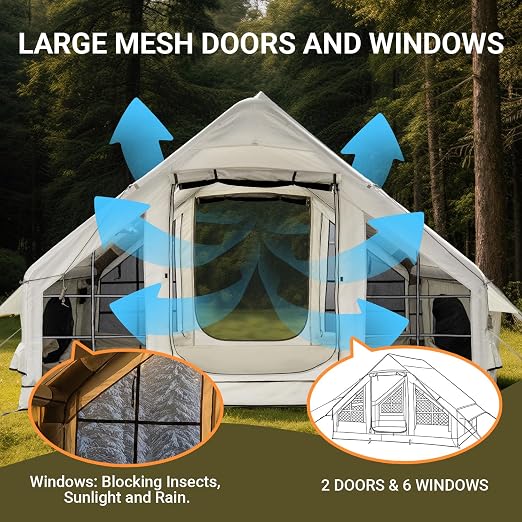 meetjoys 4-Season Inflatable Glamping Tent with Stove Jack, Heavy Duty 420D Oxford Luxury Air Tent, Waterproof PU3000mm+ Blow Up Camping Tent with AC Port, 2 Doors & 6 Mesh Windows for Family Camping