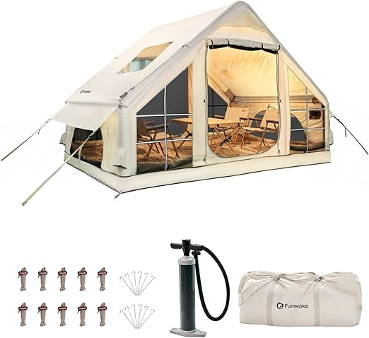meetjoys 4-Season Inflatable Glamping Tent with Stove Jack, Heavy Duty 420D Oxford Luxury Air Tent, Waterproof PU3000mm+ Blow Up Camping Tent with AC Port, 2 Doors & 6 Mesh Windows for Family Camping
