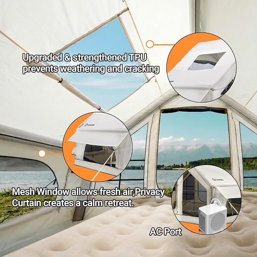 meetjoys 4-Season Inflatable Glamping Tent with Stove Jack, Heavy Duty 420D Oxford Luxury Air Tent, Waterproof PU3000mm+ Blow Up Camping Tent with AC Port, 2 Doors & 6 Mesh Windows for Family Camping