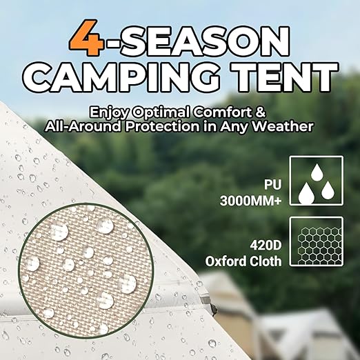 meetjoys 4-Season Inflatable Glamping Tent with Stove Jack, Heavy Duty 420D Oxford Luxury Air Tent, Waterproof PU3000mm+ Blow Up Camping Tent with AC Port, 2 Doors & 6 Mesh Windows for Family Camping