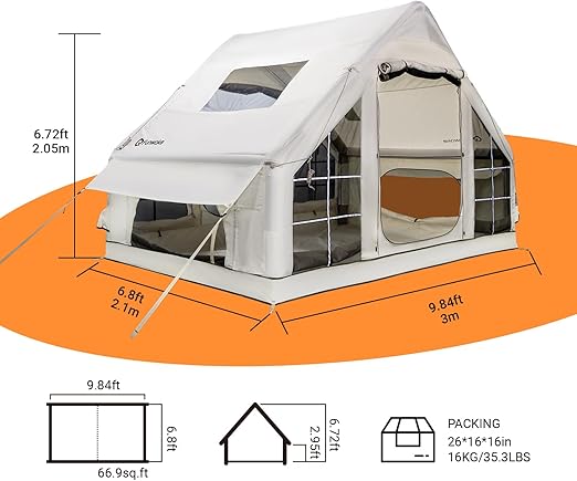 meetjoys 4-Season Inflatable Glamping Tent with Stove Jack, Heavy Duty 420D Oxford Luxury Air Tent, Waterproof PU3000mm+ Blow Up Camping Tent with AC Port, 2 Doors & 6 Mesh Windows for Family Camping